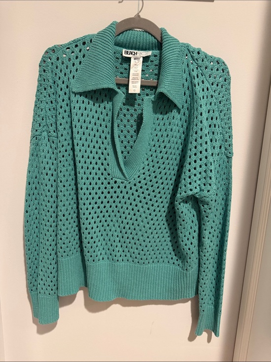 Beach Riot Sweaters - Beach Riot Teal Open-Knit V-Neck Collared Sweater